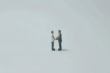 miniature business man shaking hands on white backgro