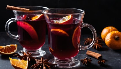 Two glasses of red wine with orange slices and cinnamon sticks
