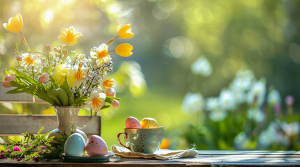 Easter table setting with spring bouquet and easter eggs, easter morning