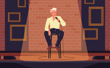 Comedy standup show with male talent comedian jokes on theater stage in spotlight. Handsome man sitting on wooden stool with microphone to tell funny story to audience cartoon vector illustration