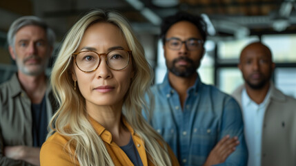 Fototapeta premium Business photo, featuring a team of co-workers, including a middle-aged woman