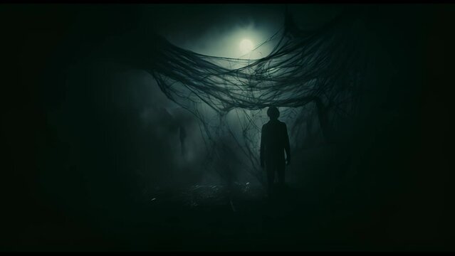 Silhouette of a ghost man outdoor. A ghost in a white dress in the moonlight. Halloween, horror and thriller concept.