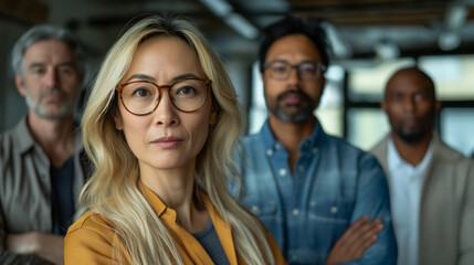 Fototapeta premium Business photo, featuring a team of co-workers, including a middle-aged woman