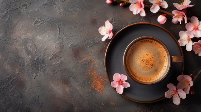 Morning coffee cup with blooming cherry flowers on textured dark background. Hot drink with spring flowers. Romantic breakfast for Women's or Valentine day.