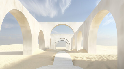 Abstract Conceptual Art of Endless Arches in a Desert-Like Minimalist Landscape