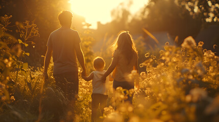 A young happy family runs towards the sunset