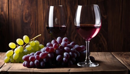 A glass of wine next to a bunch of grapes