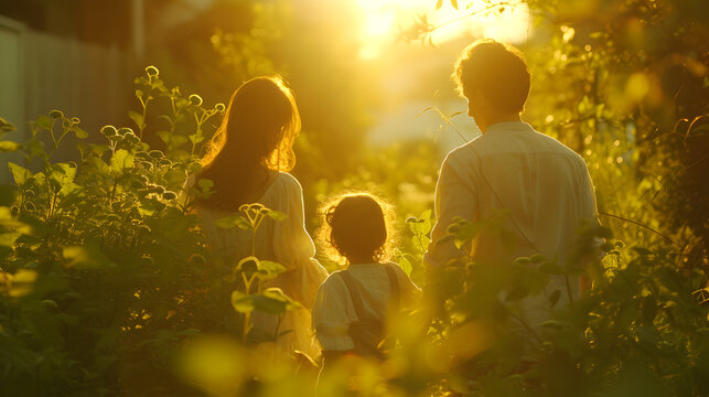 A young happy family runs towards the sunset