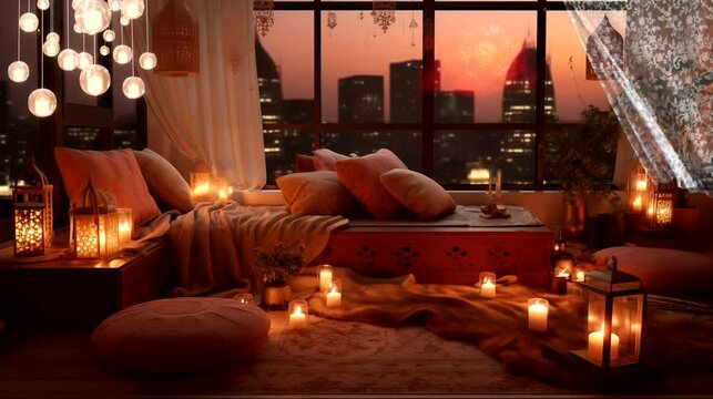 Living room with islamic decoration on skyscraper background with firework viewing from windows. Seamless looping time-lapse 4k video animation background