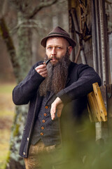 Portrait of a typical bavarian man smoking a pipe and wearing a traditional folk costume