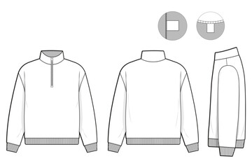 zip raglan hoodie sweatshirt flat technical drawing illustration mock-up template for design and tech packs men or unisex fashion CAD streetwear slim fit