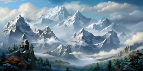 swiss mountains in the mountains,  Mountain landscape with snow-capped peaks in the clouds, A Sunsplashed Mountain Range With Snowcapped Peaks, A Majestic View, Crumpled Paper Mountain,  Generative AI