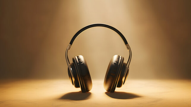 black headphones , golden background with copy space, sun is shining
