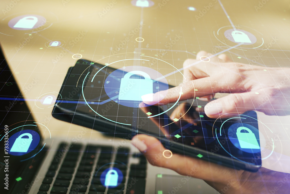 Poster creative lock illustration with microcircuit and finger presses on a digital tablet on background, c