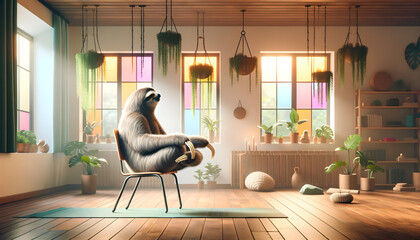 Sloth practices yoga on a chair in a studio