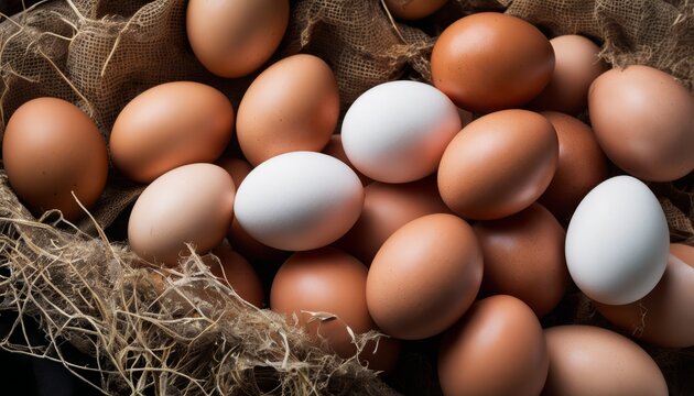 A basket full of brown and white eggs