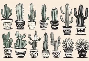 Fotobehang Hand drawn cactus plant doodle set. Vintage style cartoon cacti houseplant illustration collection. Isolated element of nature desert flora, mexican garden bundle. Natural interior graphic decoration. © Random_Mentalist