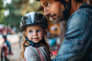 A joyful father and his curious toddler explore the world, protected by a helmet and beaming with excitement on a sunny street