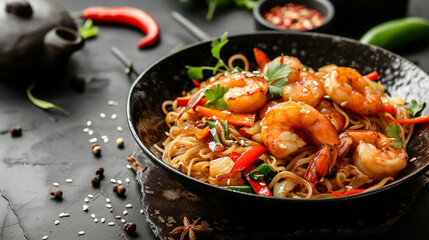 Food illustration, Chinese Wog with fried king prawns, thin noodles, and spices. Menu for a restaurant. Unusual background. Homemade food. Looks beautiful and very tasty.