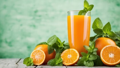 A glass of orange juice with a slice of orange and a sprig of mint