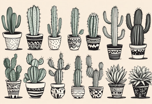 Hand drawn cactus plant doodle set. Vintage style cartoon cacti houseplant illustration collection. Isolated element of nature desert flora, mexican garden bundle. Natural interior graphic decoration.