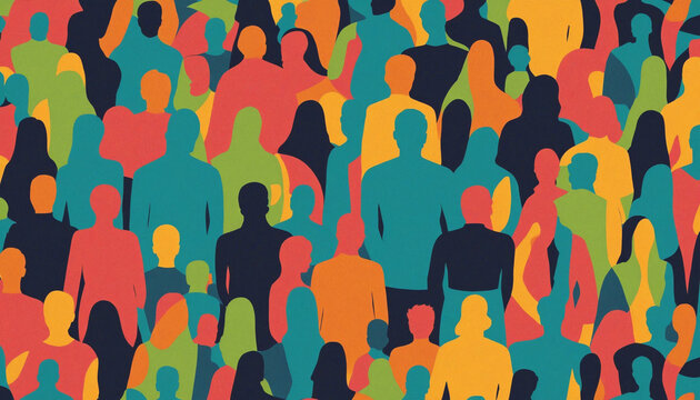 Diverse colorful people crowd silhouette abstract art seamless pattern. Multi-ethnic community, cultural diversity group background drawing illustration in color gradient style.