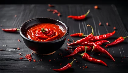 Keuken spatwand met foto spicy hot chili sauce mixed with red hot chili pepper and garlic on wooden background. spicy food. generative ai. © Md Abidur Rahman