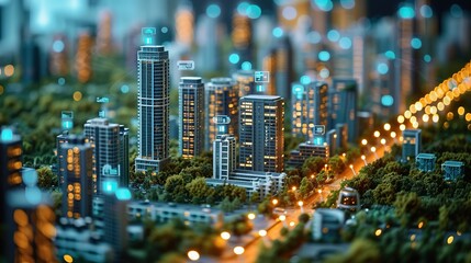 A miniature scale model of a city with highlighted digital integrations, symbolizing smart urban infrastructure and connectivity. - obrazy, fototapety, plakaty