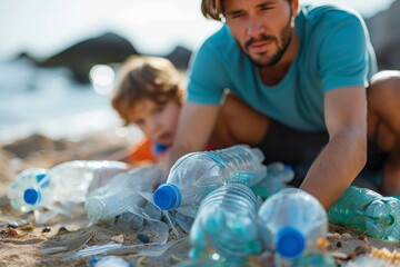 A father and his son stand on the sandy beach, their clothes ruffled by the salty breeze as they share a plastic bottle of water, the boy's face lit up with joy as he gazes out at the vast blue ocean - obrazy, fototapety, plakaty