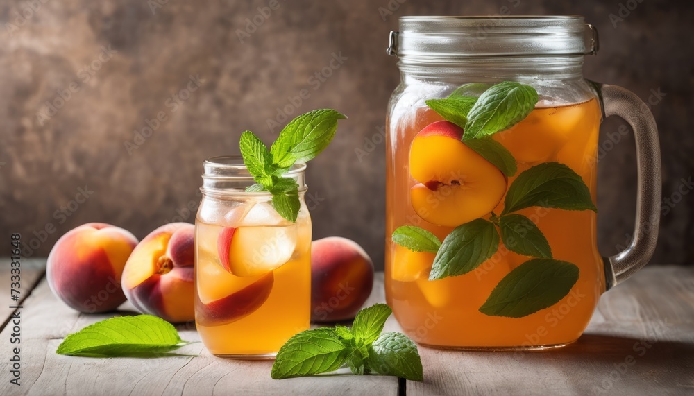 Canvas Prints A jar of peaches with a leaf on top and a pitcher of peach juice with a leaf on top