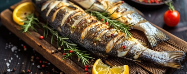 Tasty grilled fish with food decoration like lemon