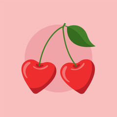 cherry in heart shape with leaf, vector illustration on pink  background