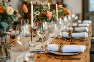 A stunning display of elegance and romance, a table adorned with delicate flowers, sparkling wine glasses, and fine tableware creates the perfect setting for a romantic dinner or special occasion
