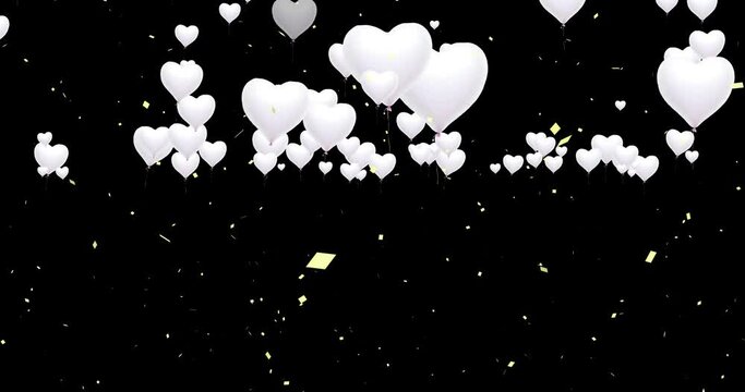 Animated background material of white heart-shaped balloons and confetti (black background). Celebrations, birthdays, Valentine's Day, weddings. 白いハートの風船と紙吹雪のアニメーション背景素材（黒背景）