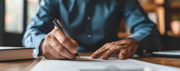Bussiness man signing value real estate document in office