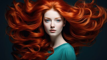 Beautiful female face with powerful silky hair and chic hairstyle done in a beauty salon. Perfect image of a beautiful red-haired woman with developing hair. Illustration for beauty magazine. - 733332222