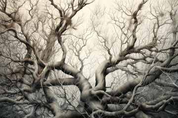 Mystical intertwined trees in a monochrome forest
