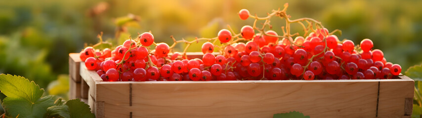 Red currant harvested in a wooden box in a farm with sunset. Natural organic fruit abundance. Agriculture, healthy and natural food concept. Horizontal composition, banner.