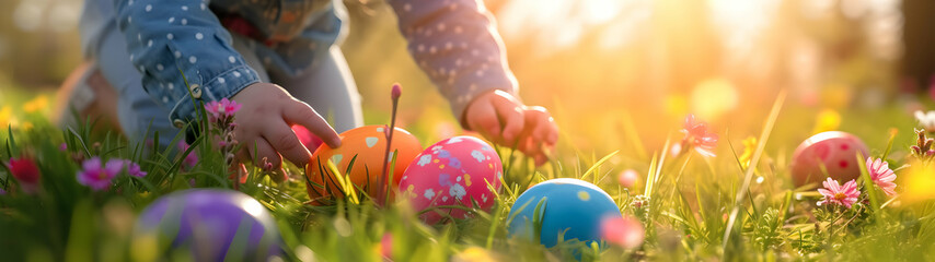 Children playing with colorful Easter eggs in a meadow with grass and spring flowers. Horizontal, banner.
