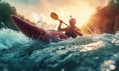 Man in kayak sails on a mountain rage river. - obrazy, fototapety, plakaty