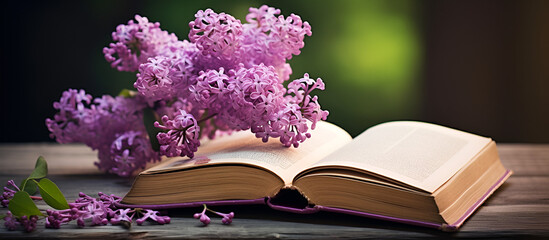 Pink Cherry blossoms and open book with shallow depth of field and an open book on a background of spring flowers composition Romantic atmosphere.