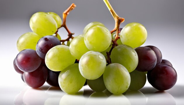 Green and purple grapes on a white surface