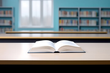 open textbook on desk in the library of school, isolated, behind window
