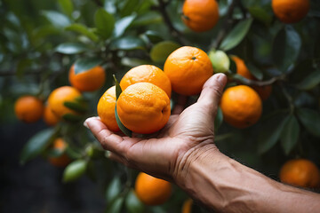 Capture of riped bunch of orange fruit on hand. Orange Fruit isolated on hand. Orange bunch on hand against fruits tree background. Orange garden. Oranges fruit on garner's hand. Citrus fruit. - obrazy, fototapety, plakaty