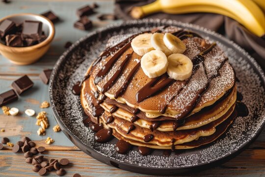 A mouthwatering treat awaits on the table, a stack of fluffy pancakes drizzled with chocolate syrup and topped with sliced bananas, perfect for a cozy indoor breakfast with a cup of coffee