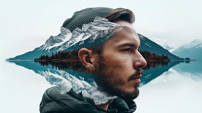 Double exposure combines a man's face, mountains, forest and a body of water. Panoramic view. The concept of the unity of nature and man. Dream, reminisce or plan a climb. A memory of a journey.