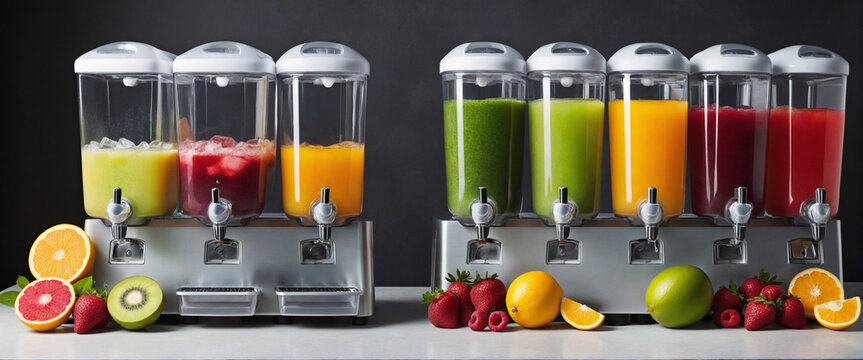 summer cool slush or smoothie iced fruit juice dispenser machine for refreshing chilled drinks in multi colored containers 