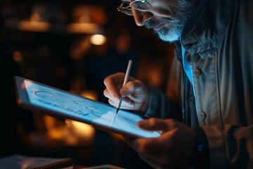 A determined man with glasses precisely manipulates a stylus on his tablet, crafting digital art with the same finesse as a tailor wielding scissors on fabric - obrazy, fototapety, plakaty
