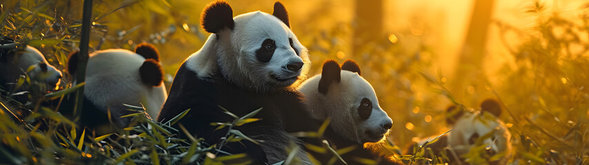 Panda bear family at the rain forest with setting sun shining. Group of wild animals in nature....