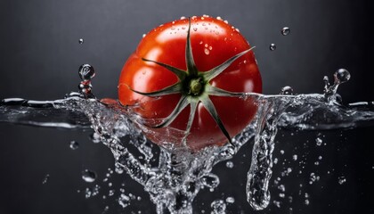 A red tomato is falling into water